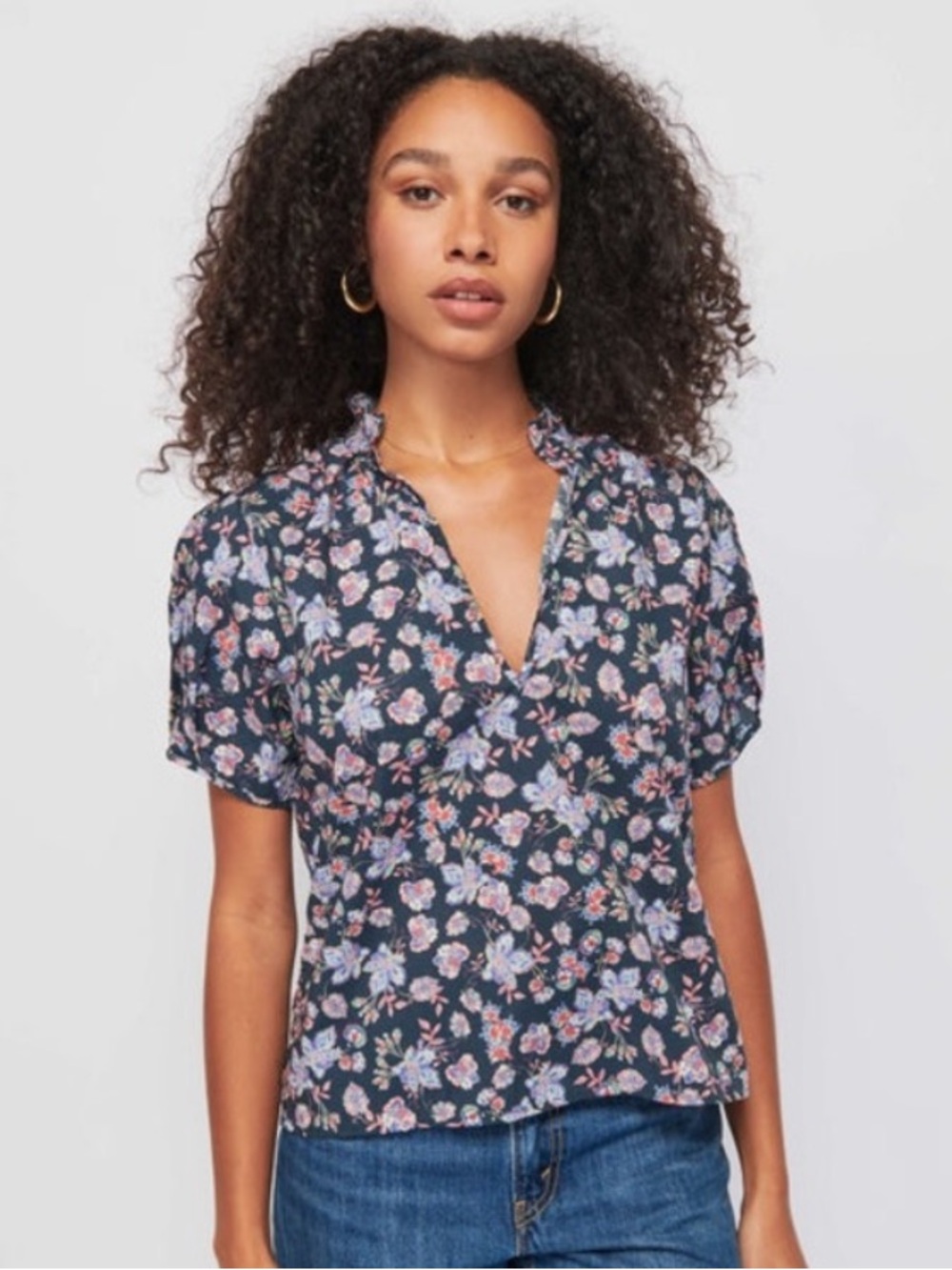 Nation LTD "Rosanna" 100% Pima Cotton Floral Blue Pink V-Neck Blouse